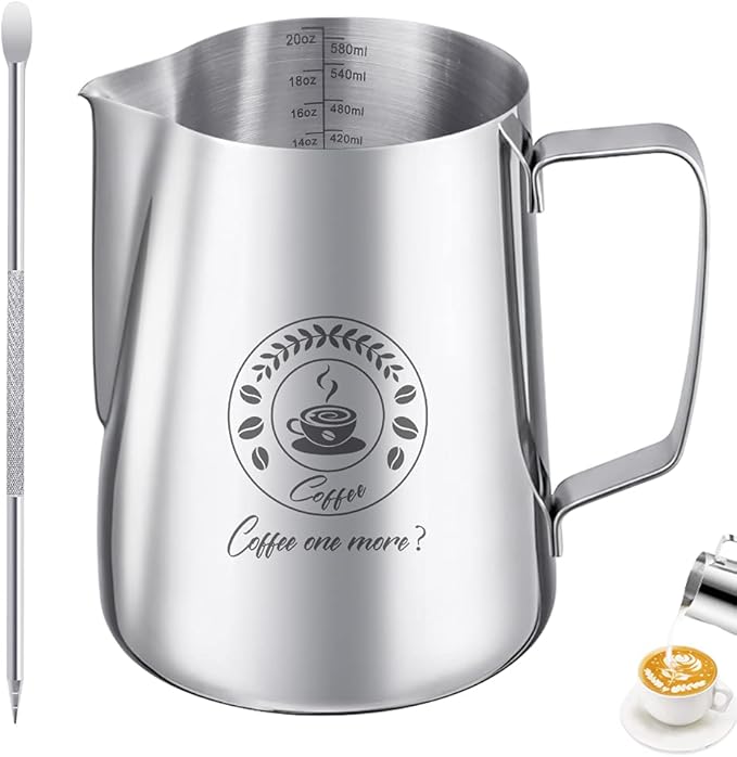 Milk Frothing Pitcher 20oz, Stainless Steel Espresso Steaming Jug with Latte Art Pen, Professional Coffee Milk Frother for Latte, Cappuccino, Macchiato & Hot Chocolate
