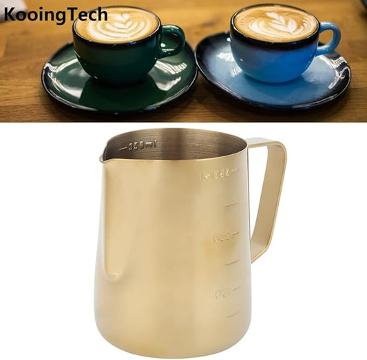 Milk Frothing Cup Stainless Steel, 350ML Milk Frothing Cup Small, Milk Frothing Pitcher Gold with Scale, Home Office Coffee Frother Cups for Gold Coffee Bar Accessories (350ML (with scale))