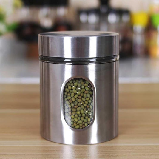 Teensery Stainless Steel Container Food Storage Jar Sealed Coffee Can Kitchen Canister with Glass Window and Airtight Lid for Tea Coffee Bean Sugar Candy Cookie Spice Flour, 1 Piece