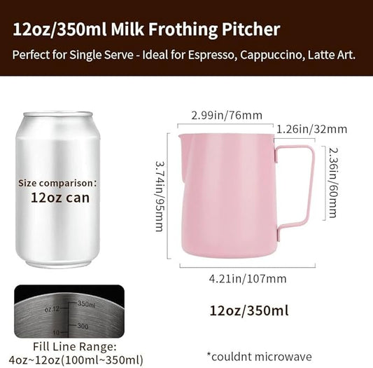 watchget Stainless Steel Milk Frothing Pitcher 12oz/350ml - Espresso Steaming Pitcher for Cappuccino, Latte Art, Coffee Machine Accessories Milk Jug Coffee Frother Cup, Pink