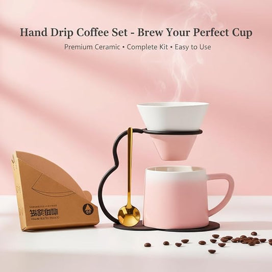Pour Over Coffee Maker set,Ceramic Coffee Maker With V60 40 pcs Paper Filter,Metal Stand 9oz 270ml mug Pour Over Coffee Dripper Pink