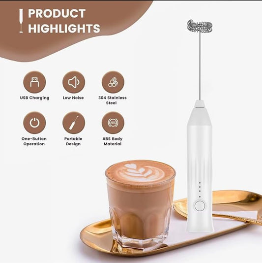Electric Milk Frother for Coffee and Hot Drinks, Drink Mixer,Egg Mixer, Rechargeable, USB Charging (White)