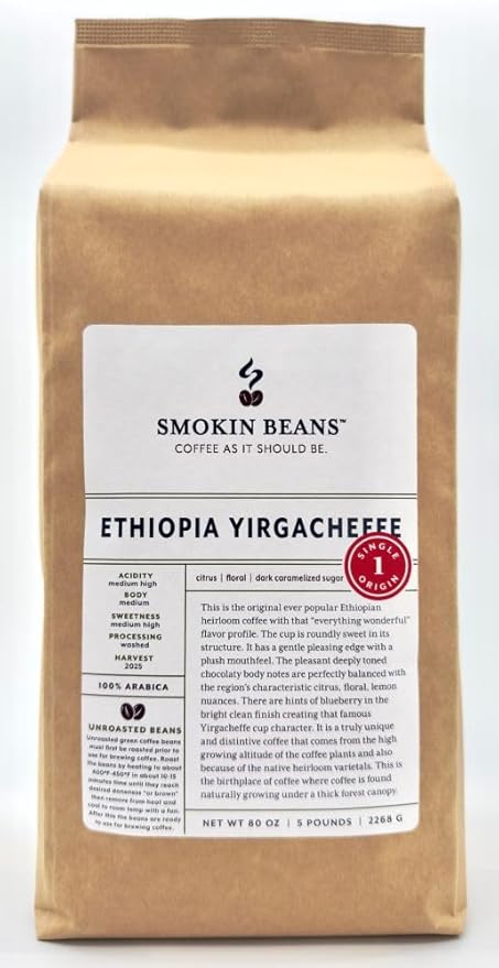 5 Pounds – African - Ethiopia Yirgacheffe - Unroasted Arabica Green Coffee Beans – Varietal Ethiopian Heirloom – Drying/Milling Process Washed SunDried – Unique Distinctive Taste - Roast at Home