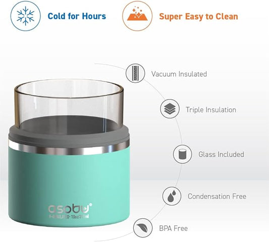 asobu Whiskey Glass with Insulated Stainless Steel Sleeve, 10.5 ounces (Mint Green)