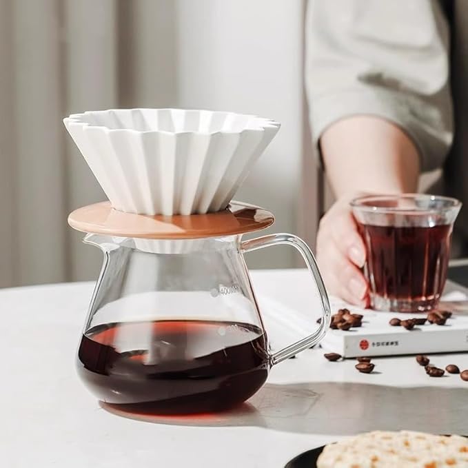 Ceramic Coffee Dripper Pour Over Coffee Maker with Wood Stand Elegant Flower Shape Filter