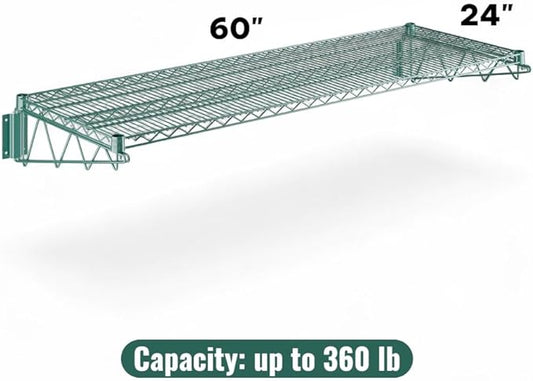 24" x 60" Green Wall-Mounted Wire Shelf with Epoxy Coating, Heavy-Duty Steel Storage Rack, NSF Certified, Easy Installation, Open Wire Design for Kitchen, Garage, or Utility Storage