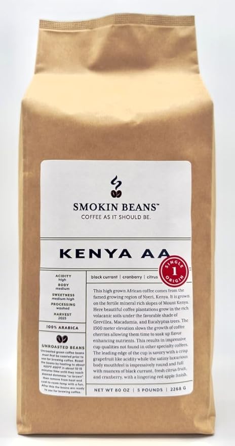 5-Pound Kenya Aa, Unroasted Green Arabica Coffee Beans, Fresh Current Crop Specialty Grade, Roast the Beans Yourself at Home on Your Roasting Equipment Prior to Using for Brewing Coffee
