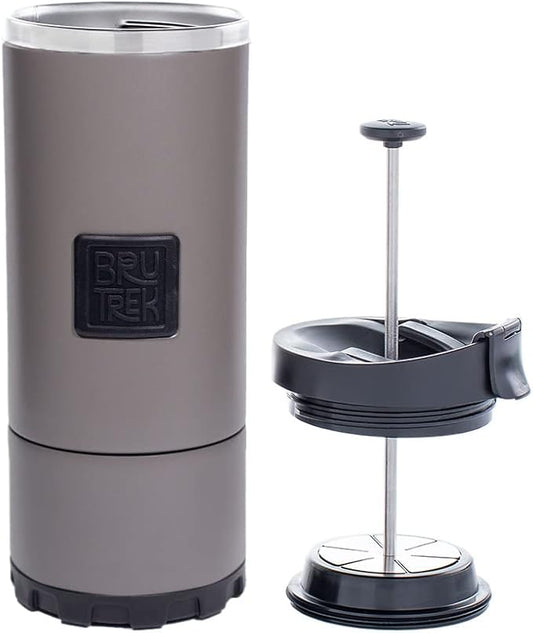 BruTrek OVRLNDR Travel Coffee French Press, 24 fl.oz Capacity, Double Wall Vacuum Insulated, Easy To Clean Removable Bottom, Locking No Spill Lid, On The Go Coffee Brewing (Storm Gray)
