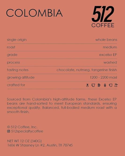 512 Coffee Specialty Colombia Medium Roast – Premium Single Origin Whole Beans with Chocolate, Citrus & Nutmeg Notes – Fresh Roasted for Drip & Filter Brewing