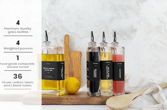 Molimoli Olive Oil Dispenser Bottle for Kitchen, Automatic Pourer, Glass Dispenser for Kitchen, Olive Oil Cruet, | Set of 4 - Black
