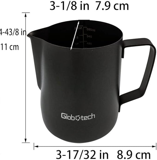 GloboTECH Espresso Frothing Pitcher 20 oz – Stainless Steel Milk Steaming Jug for Latte Art, 600ml Black