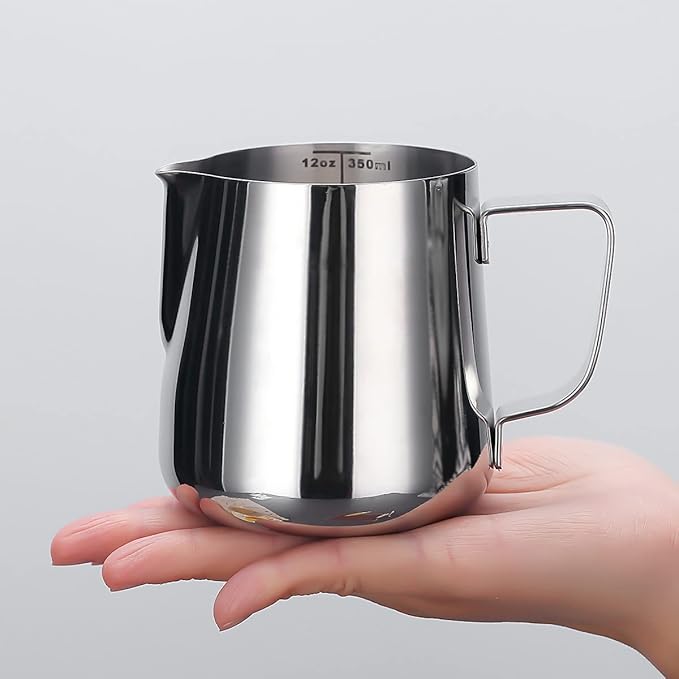 Milk Frothing Pitcher 12oz - 350ml, Kyraton Stainless Steel Espresso Steaming Pitchers with Decorating Pen,Milk Coffee Frother Cups Cappuccino Latte Art Barista Steam Pitchers Milk Jug Cup (Silver)