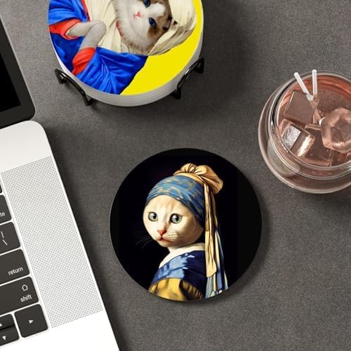 Puraikcmi Cat Lover Coasters Set of 8 with Holder, Ceramic, Multicolor, Funny Cat Designs, Drink Coasters for Table, Office, Desk, Bar, Gift