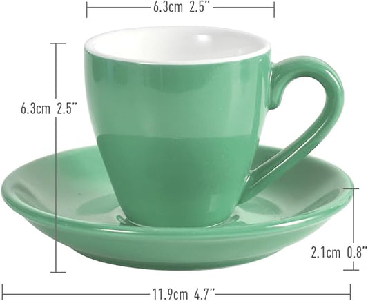 ionEgg Porcelain Espresso Cup with Saucer And Stainless Steel mini Spoons, Espresso shot Cup, 80ml/2.7Oz, Pack of 2, Cyan
