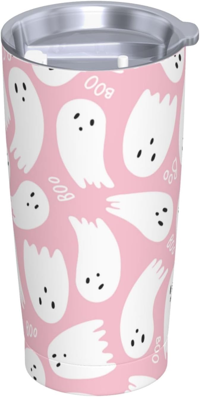 Pink Cute Ghost 20oz Stainless Steel Insulated Tumblers Travel Mug Cup Leakproof Gift For Men Women Hot & Cold Drinks Splash-Proof Lid Metal Straw and Brush