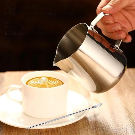 Milk Frothing Pitcher, 350ml (12oz) Milk Frother Cup Stainless Steel Jug Steaming Pitcher, Milk Coffee Cappuccino Latte Art Barista Steam Pitchers Milk Jug Cup with 2Pcs Decorating Pen
