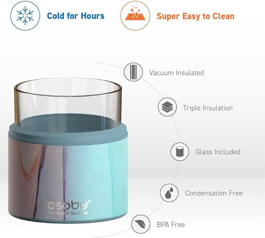 asobu Whiskey Glass with Insulated Stainless Steel Sleeve, 10.5 ounces (Aqua Pink)