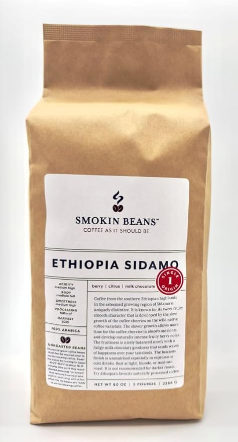 5-Pound Ethiopia Sidamo Natural, Unroasted Green Coffee Beans, Fresh Current Crop Specialty Grade, Roast the Beans Yourself at Home on Your Roasting Equipment Prior to Using for Brewing Coffee