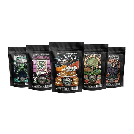 Bones Coffee Company Fall Favorites Pack, 5 Assorted Flavored Coffee Low Acid Medium Roast Arabica Beans Specialty Coffee Gifts, Auto Drip and French Press Compatible, 4 oz Pack of 5 Ground