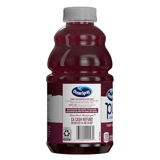 Ocean Spray® Pure Unsweetened Tart Cherry, 100% Tart Cherry Juice, 32 Fl Oz Bottle (Pack of 8)