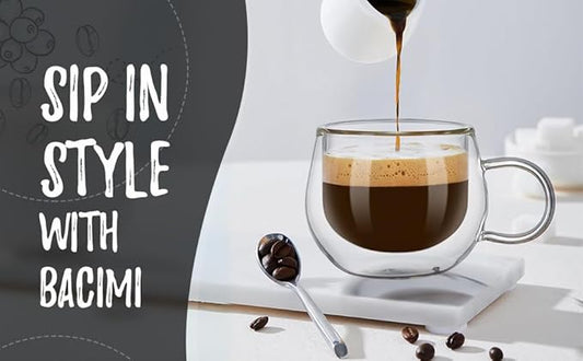 Bacimi® Double Wall Insulated Espresso Coffee Cups 3.5oz Clear Borosilicate Cup with Handle - Thermal Drinking Cups for Espresso, Cappuccino, Latte, Tea, Hot Beverage, Wine - Microwave Safe Set of 4