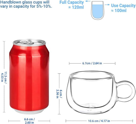 glastal German Quality 4 Oz Insulated Double Wall Glass Espresso Cups, Espresso Coffee Cups, Double Espresso Cups, Demitasse Cups, Espresso Mug, 120 ml (full capacity) Tazas De Cafe Expreso 2 Pack