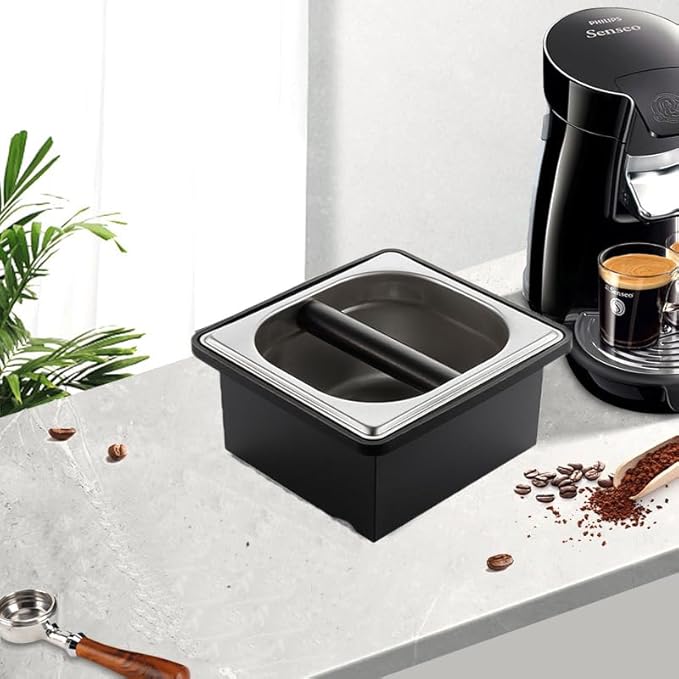 Coffee Knock Box, Stainless Steel Coffee Espresso Knock Box Coffee Grounds Bin with Noise Reduction Rubber Ring, Barista Espresso Machine Accessories (Large)