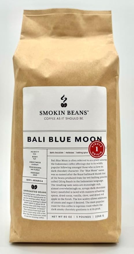 5-Pound Bali Blue Moon, Unroasted Green Arabica Coffee Beans, Fresh Current Crop Specialty Grade, Roast the Beans Yourself at Home on Your Roasting Equipment Prior to Using for Brewing Coffee