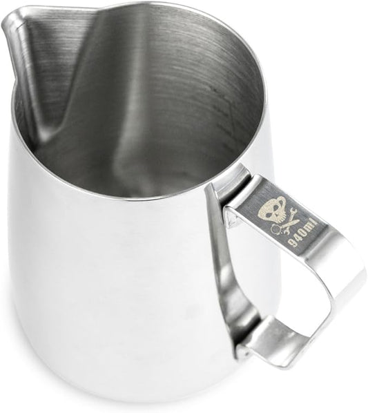 Barista Basics 32 Oz Silver Stainless Steel Milk Frother Pitcher, Steaming Pitcher for Latte Art, Food-Grade/w Measurements