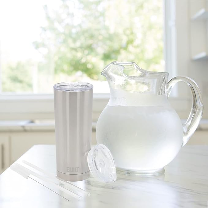BUILT Double Walled Stainless Steel Tumbler Set with Replacement Lid, 2 Reusable Tritan Wire Straw Cleaning Brush in Gift Box, 20-ounces