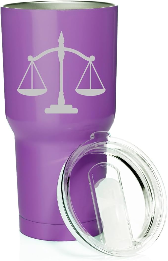 Smooth Body Tumbler Stainless Steel Vacuum Insulated Travel Mug Cup Gift Scales of Justice Lawyer Paralegal Judge (Purple, 30 oz)