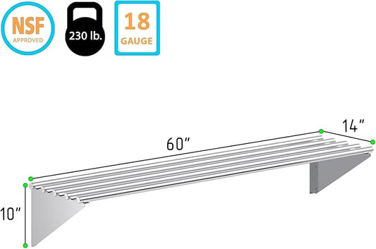 Premium Stainless Steel Tubular Wall Shelf – 14" D x 60" L | NSF Certified | Commercial Equipment & Appliance Shelf for Kitchen, Garage, Utility Room