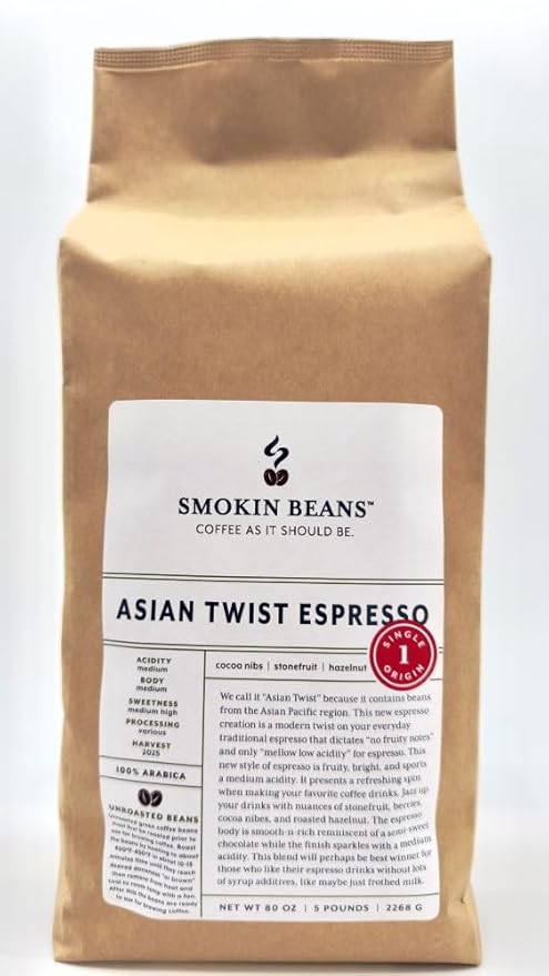 5-Pound Asian Twist Espresso, Unroasted Green Coffee Beans, Fresh Current Crop Specialty Grade, Roast the Beans Yourself at Home on Your Roasting Equipment Prior to Using for Brewing Coffee