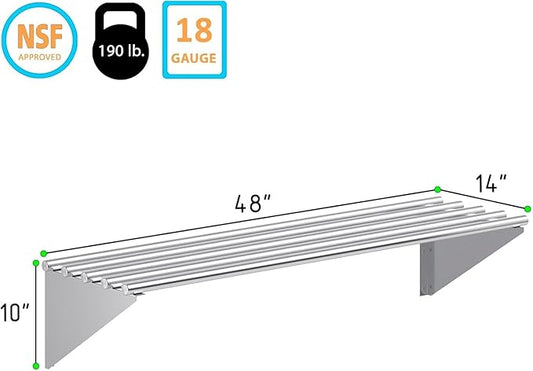 Premium Stainless Steel Tubular Wall Shelf – 14" D x 48" L | NSF Certified | Equipment & Appliance Wall Shelf for Kitchen, Restaurant, Utility Room