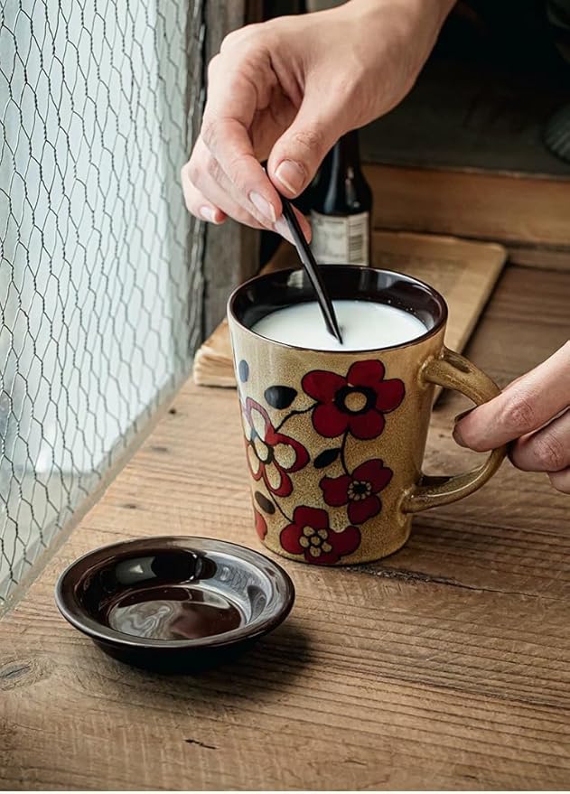 Coffee Mugs 12 oz with Spoon and Lid, Novelty Ceramic Coffee Cups for Latte, Hot Tea, Cappuccino, Mocha, Cocoa, Farmhouse Housewarming Wedding Present Christmas Mug Set - Set of 1 Flower Khaki 11.6oz