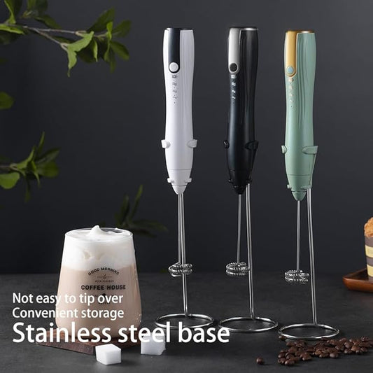 Ruciko Rechargeable 3-Speed Electric Milk Frother,Stainless Steel,Mini Handheld.Quick Type-C Charging for Lattes,Coffee,Egg Whipping & Hot Choc.With Double-Layer Frothing Head & Stand.(green)