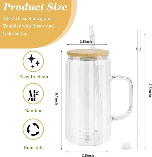 16oz Snowglobe Cups with Handle, 4Pack Pre-Drilled Sublimation Glass Cup with Lid and Straw, Double Wall Glass Coffee Mug, Snowglobe Cup Gifts for Snow Globe DIY Glitter, Bamboo Lid