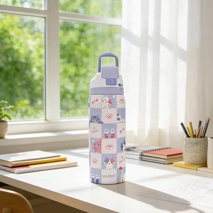 Gift for Cat Lover Stainless Steel Water Bottle, Vacuum Insulated, Push-Button Lid, 32 oz for Cat Mom Women Girls Friends Teens Birthday Christmas