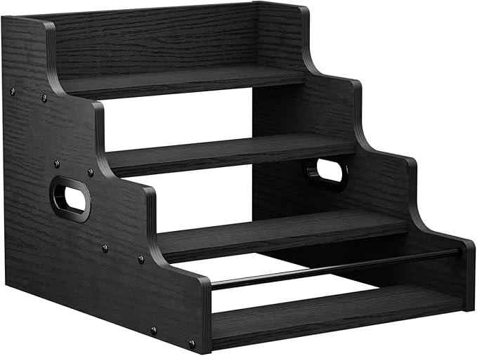 KLM Liquor Bottle Display Shelf, Coffee Syrup Rack Organizer, 4 Step Countertop Liquor Wine Rack, mini bar,liquor cabinet, Home Retro Bar Shelf Stand for Liquor Whiskey, (Black)