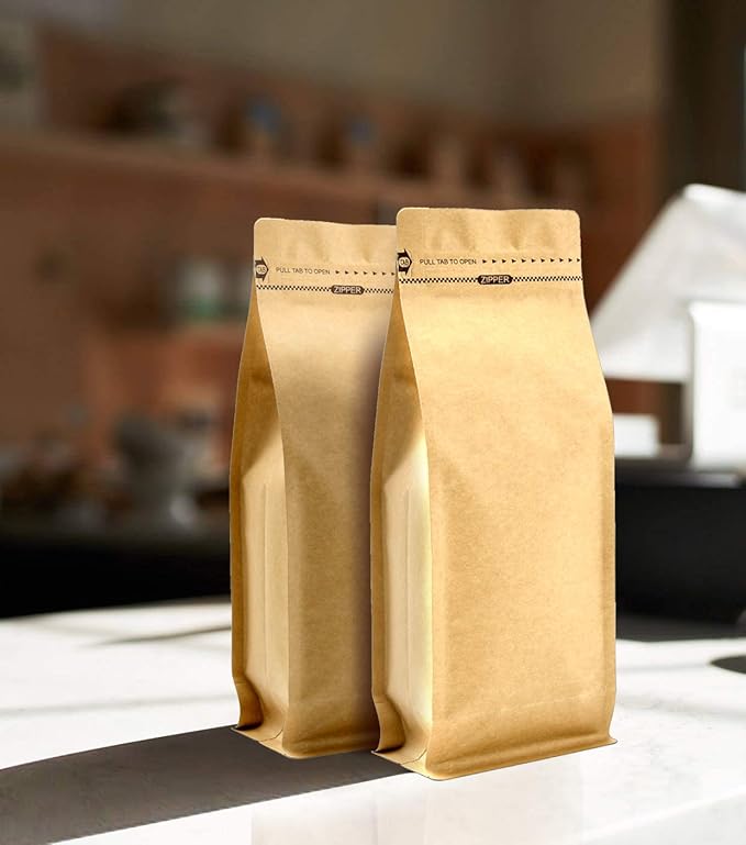 Pack of 50 Kraft Paper Coffee Bag with One-Way Degassing Valve, Stand-up Resealable Zipper Lock, High Barrier Side Gusset Coffee Package Bags, Size 4.33 x 3.15 x 11.8" for 16oz/1lb/500g