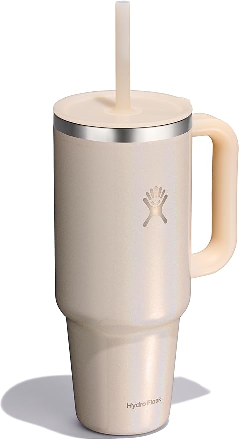 Hydro Flask Travel Tumbler with Handle, Lid and Straw - Insulated Stainless Steel in 40 Oz Glimmer Cream