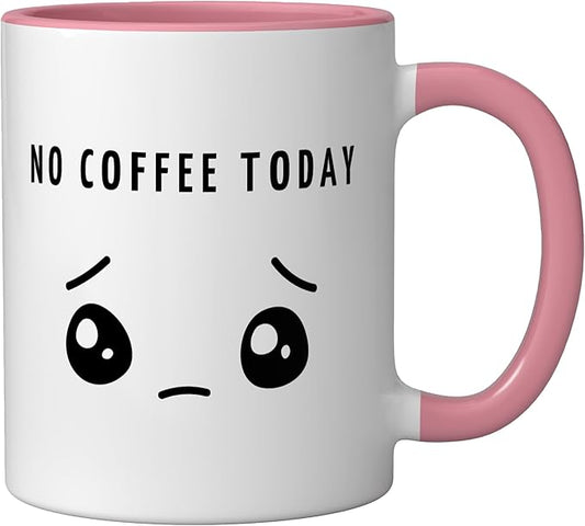 No Coffee Today - Minimalist Sad Face Caffeine Lover Ceramic Mug, Pink/White