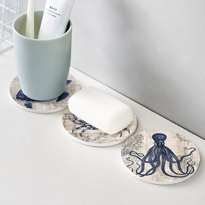 Absorbent Coasters Natural Ceramic Thirsty Stone Navy Blue Octopus Seahorse Crab Turtle Ocean Theme Coaster Set for Drinks Cork Backing (sea Animals)…
