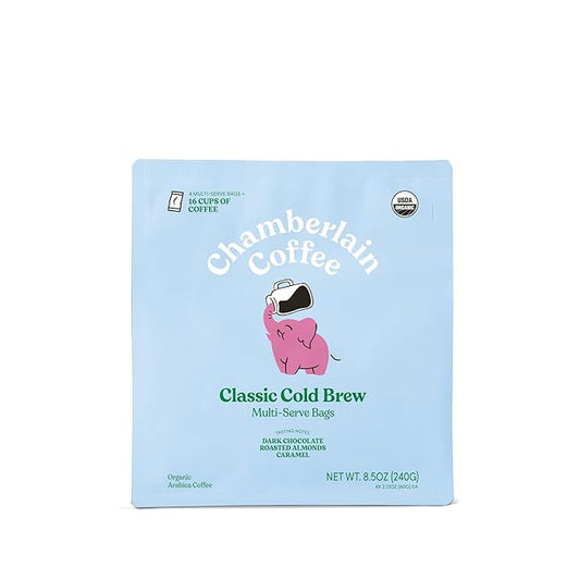 Chamberlain Coffee Elephant XL Cold Brew Bags - Premeasured, Ready to Brew - Contains 4 XL Cold Brew Bags, Makes 4 Cups of Coffee per bag - 8.5 Oz