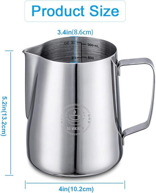 Milk Frothing Pitcher 32oz,Espresso Steaming Pitchers 900ml,Espresso Machine Accessories,Milk Frother Cup 32 Oz,Coffee Cappuccino Latte Art,Stainless Steel Jug