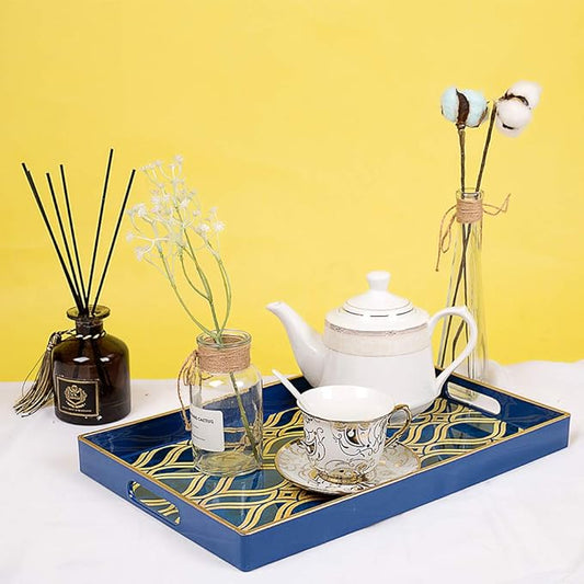 MAONAME Blue Decorative Tray with Handles, Plastic Serving Tray for Coffee Table, Marbling Rectangular Tray for Ottoman, Bathroom, Storage, 15.7" Lx 10.2" W X 1.57" H