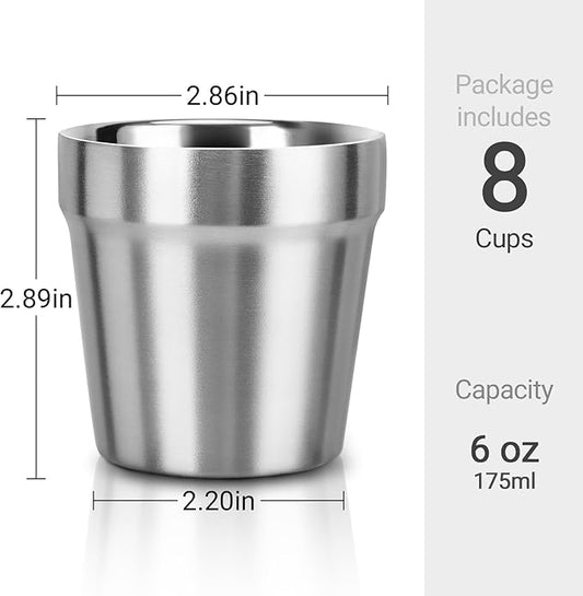 Beasea Stainless Steel Cups 6 oz, 8 Pack Small Bulk Stainless Steel Tumbler Stackable Insulated Mini Cups for Drinking Double Wall Metal Glasses Tin Cups for Home Restaurant Office Party Camping