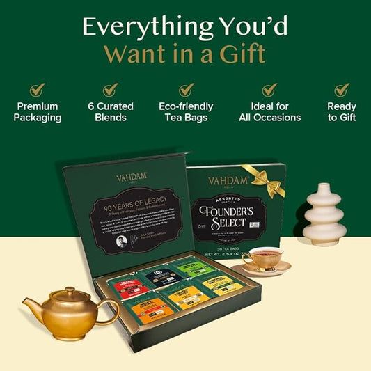 VAHDAM, Assorted Tea Gift Set (6 Varities, 36 Tea Bags) - Variety Pack - Black, Green, Chai and Herbal Tea Sampler | Valentines Day Gifts Set for Tea Lovers | Valentines Day Gifts for Him & Her