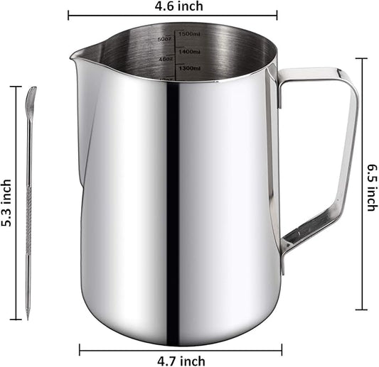Nicunom Milk Frothing Pitcher 50oz, 304 Stainless Steel Milk Frother Cup 1500ml Steaming Pitchers with Art Pen, Espresso Cappuccino Latte Art Barista Coffee Accessories