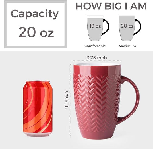 AmorArc Extra Large Coffee Mugs Set of 6, 20oz Ceramic Tall Coffee Mugs with Textured Geometric Patterns for Latte/Tea/Beer/Hot Cocoa, Dishwasher & Microwave Safe, Burgundy